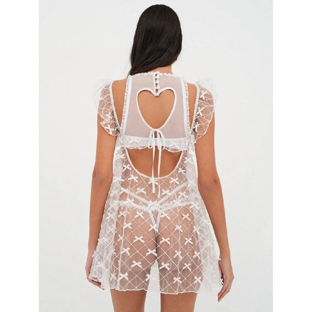 NWT FOR LOVE & LEMONS Fiorella White Bow Sheer Slip Dress Bridal Romantic Sz M